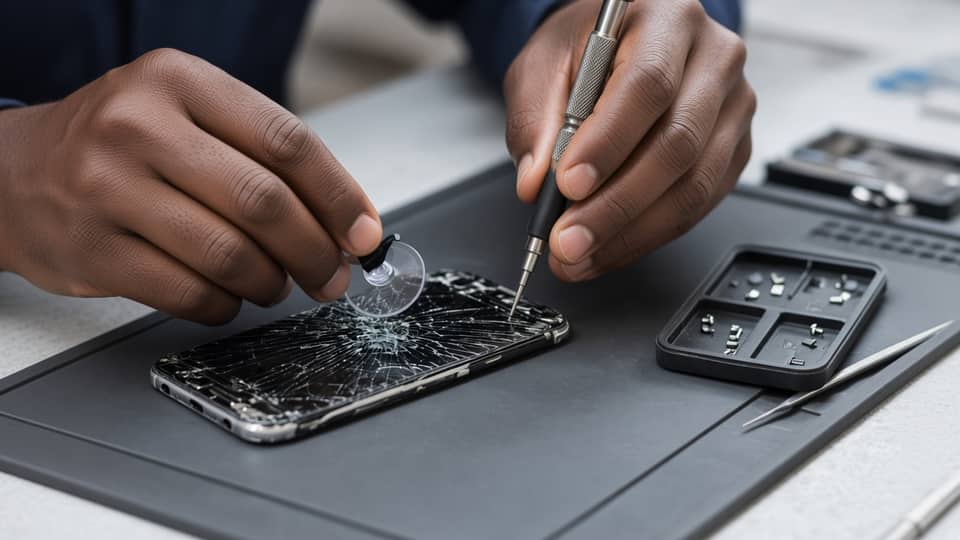 A phone screen being replaced on the bench